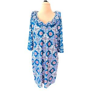 Gretchen Scott Geometric Print Ruffle Neck 3/4 Sleeve Shift Dress - Size XL